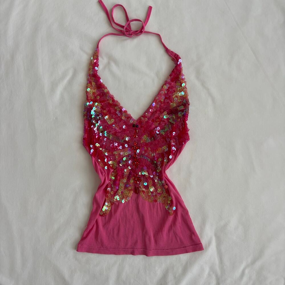 Y2K Sequin Butterfly Halter Top - Size XS